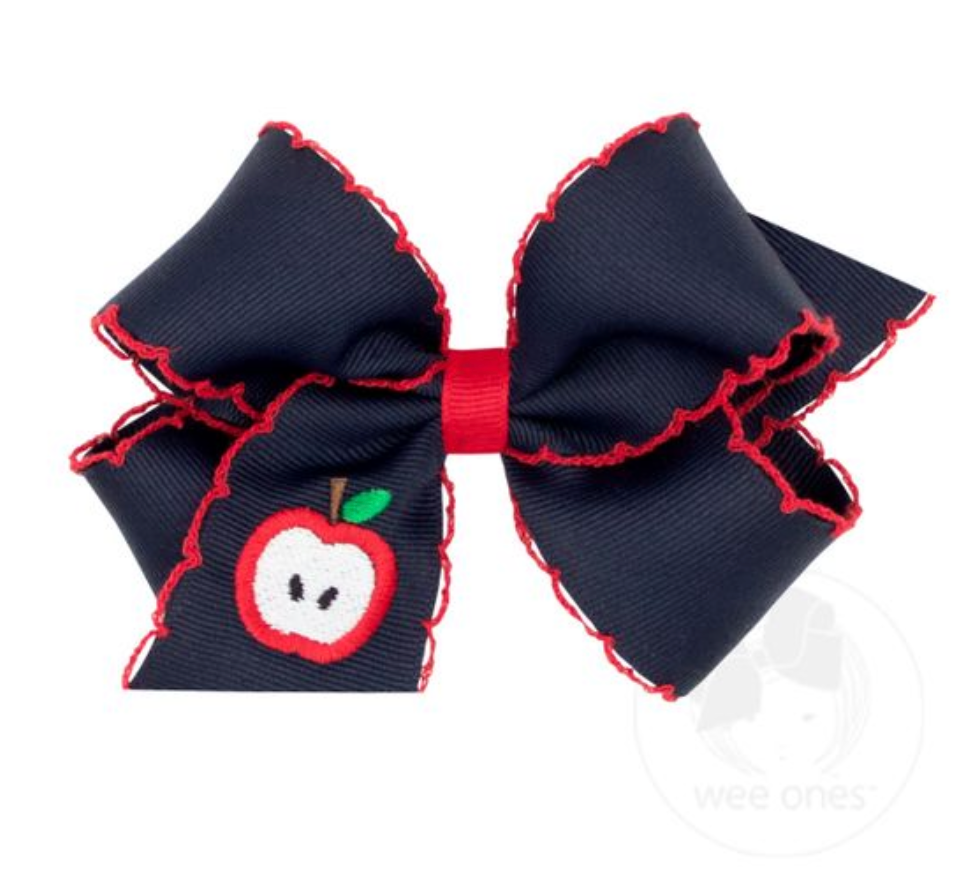 Apple Embroidered Grosgrain Bow with Moonstitch Edge
