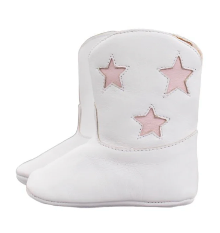 Baby girl white leather cowgirl boots with pink stars.
