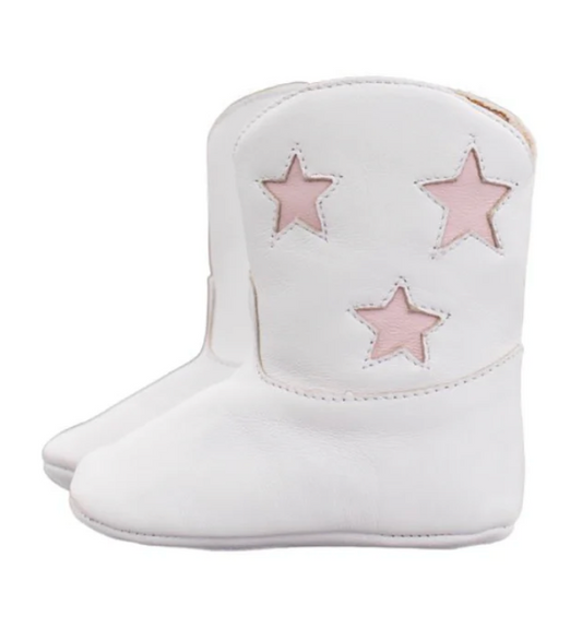 Baby girl white leather cowgirl boots with pink stars. 