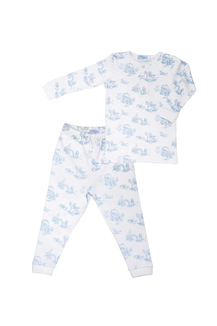 Blue bear toile print two piece pajama set by Nella Pima.
