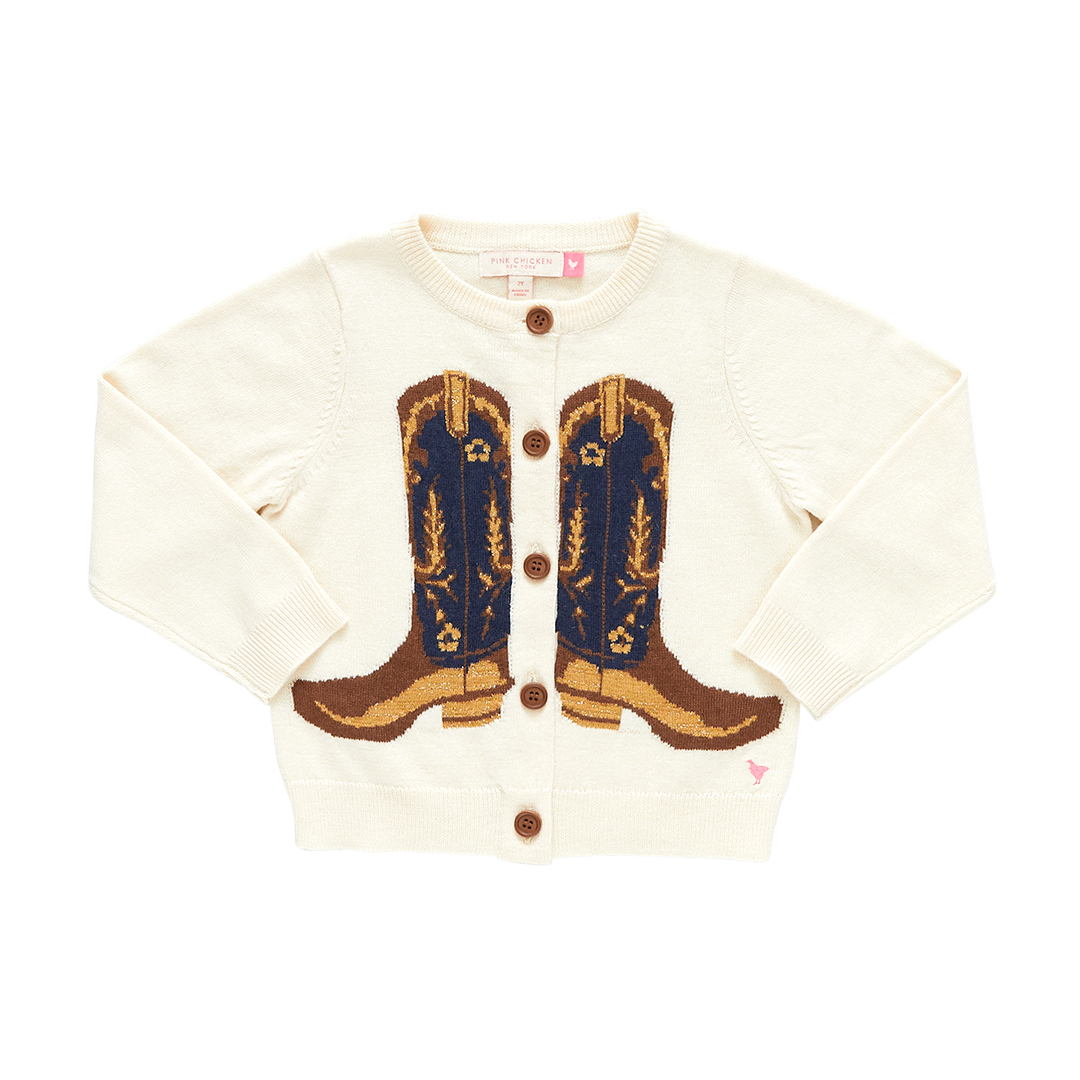 Cowboy boot sweater with brown buttons up the front by Pink Chicken.