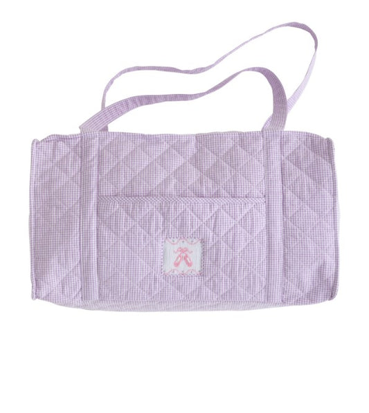 Purple gingham girls duffle bag with pink ballet slippers by Little English. 