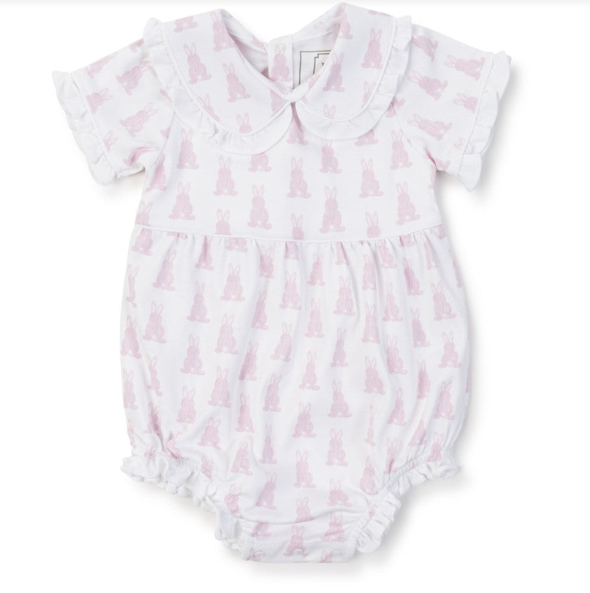 Pink bunny ruffle collar bubble by Lila and Hayes.