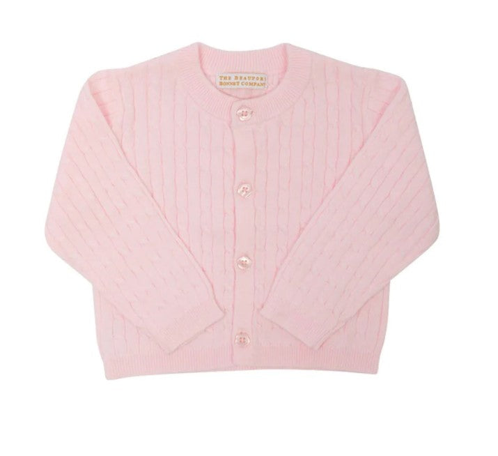 Light pink girls cable knit cardigan with pink buttons by The Beaufort Bonnet Company.