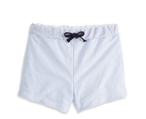 Terry lined blue seersucker shorts by Bella Bliss.