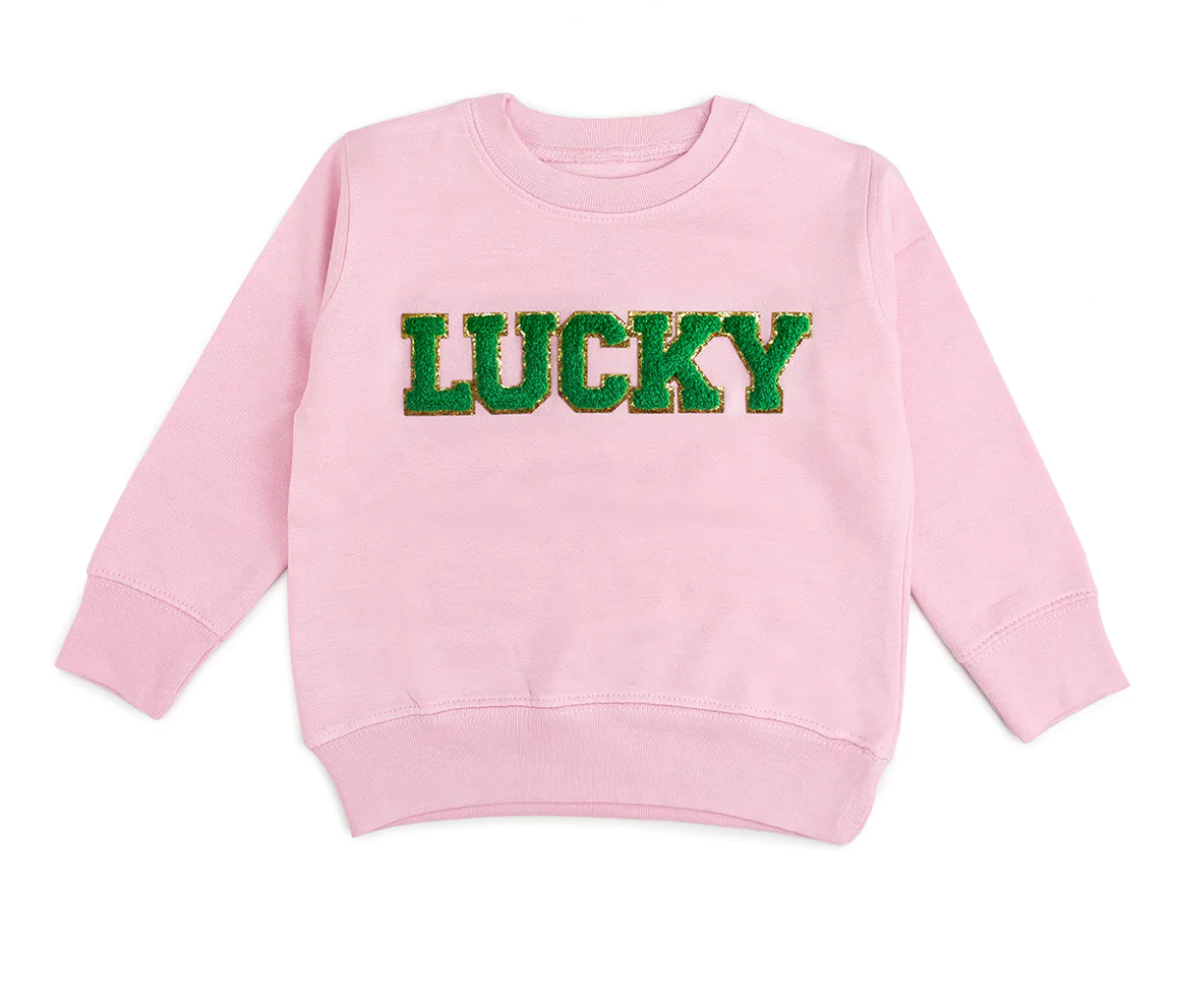 Pink sweatshirt with green and gold LUCKY patch letters by Sweet Wink.