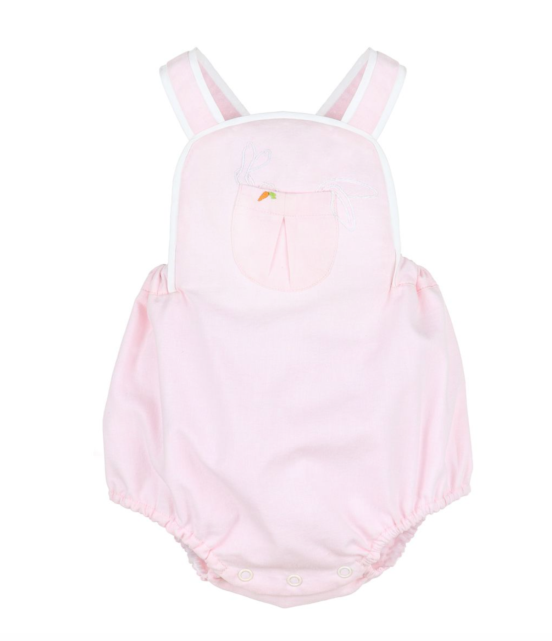 Pink sun suit by Sophie and Lucas with an embroidered bunny and carrot. This is the perfect girls Easter outfit.