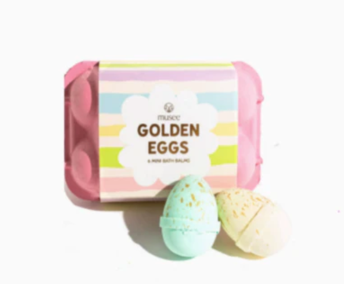 Musee Golden Eggs bath bombs with hidden treats in every egg.