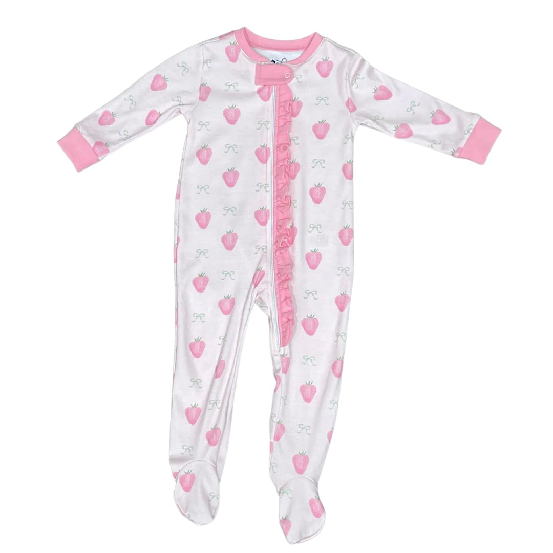 Strawberry footed pajamas by James and Lottie.