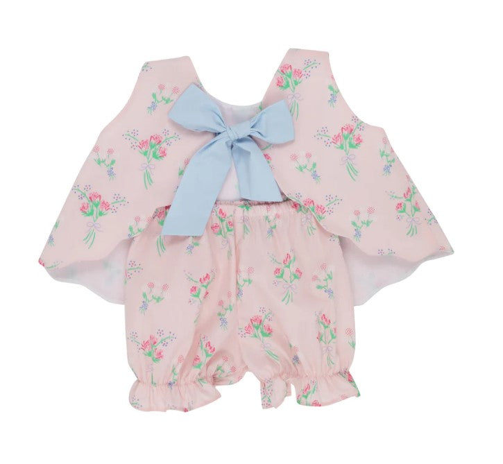Pale pink toddler blouse with in a floral print with a matching bloomer and large blue bow accent by The Beaufort Bonnet Company back view.