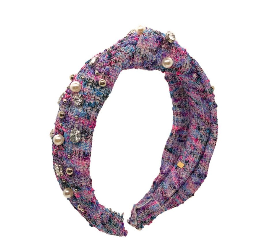 Tweed Jeweled Knot Headband - Purple