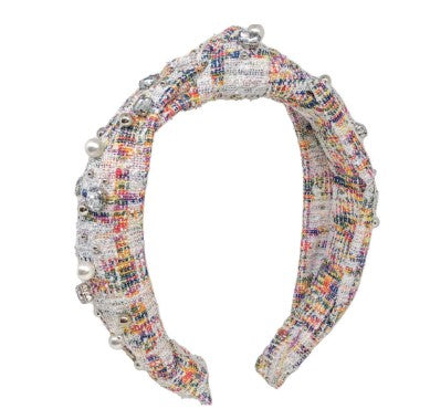 Tweed Jeweled Knot Headband - Rainbow