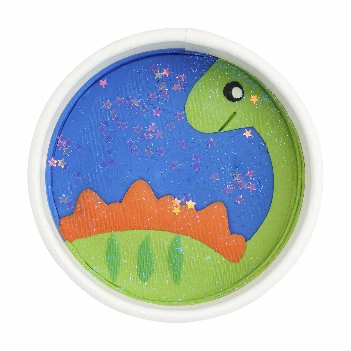 Dinosaur playdough with star sequins.