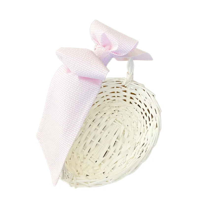 Pink seersucker Easter basket bow with velcro by The Bow Next Door.