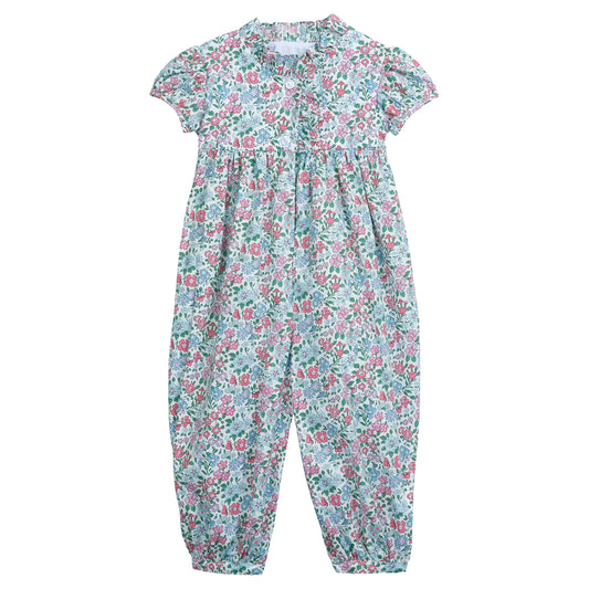Floral girls romper with ruffle collar by Little English. 