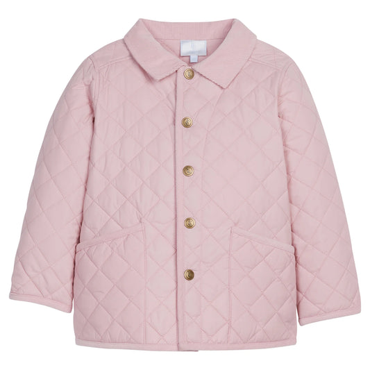 Girls pink quilted jacket by Little English with brass buttons and front pockets piped with Corduroy. 