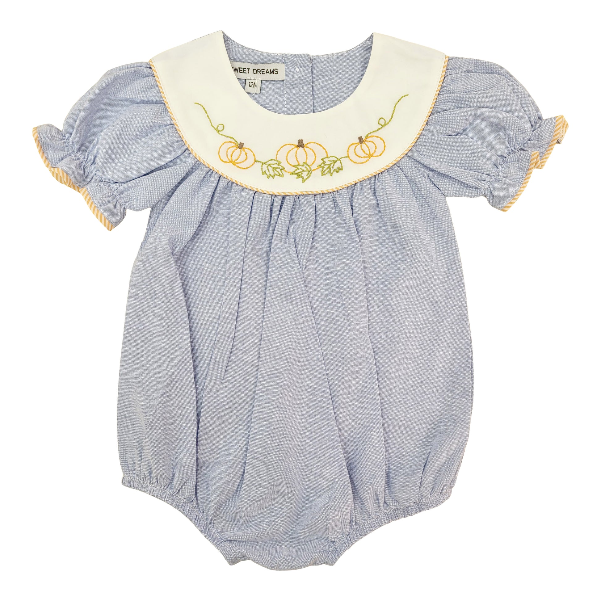 Blue chambray girls bubble with pumpkin embroidery on collar by Sweet Dreams,
