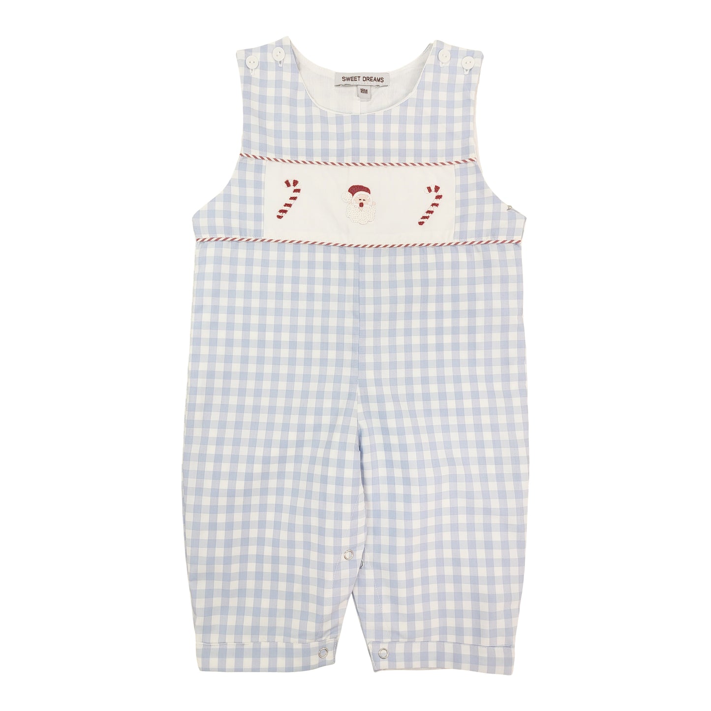 Sweet Dreams blue gingham longall with candy cane and Santa accents. 