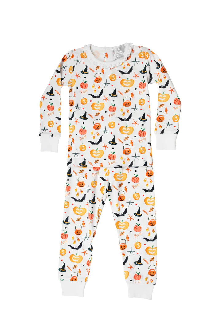 The Proper Peony Girls Pima Halloween pajama set with ruffle on neck. 