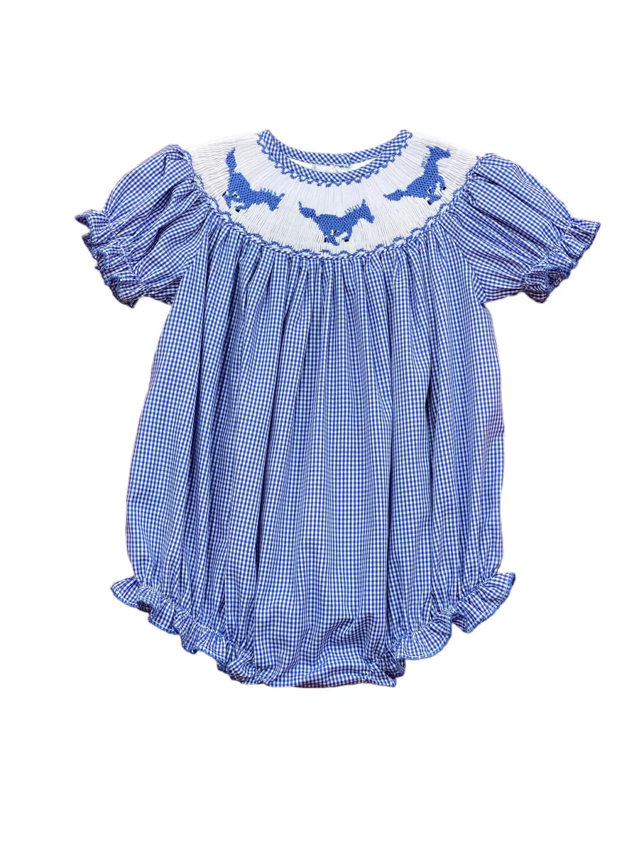 Friendswood Mustang Royal Blue Gingham Smocked Girls Bubble