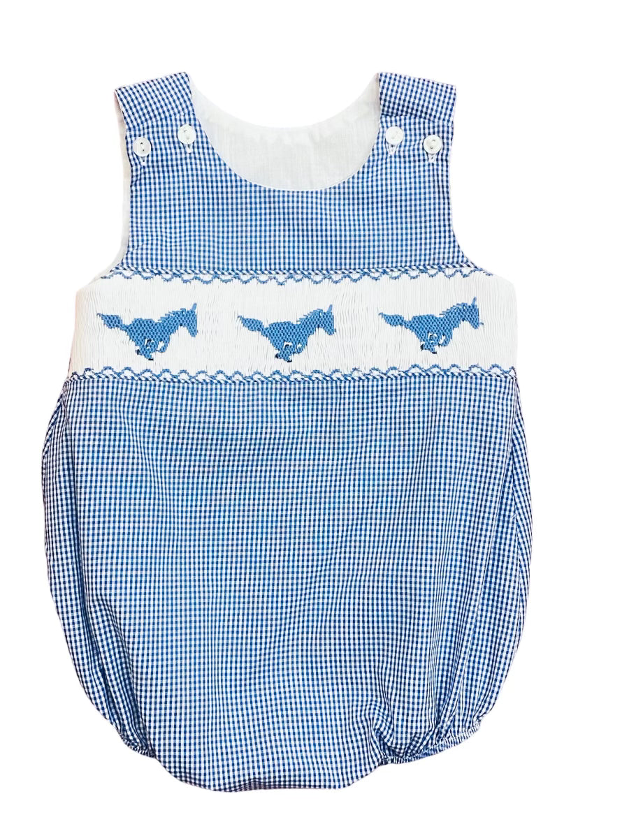 Friendswood Mustang Royal Blue Gingham Smocked Boys Bubble