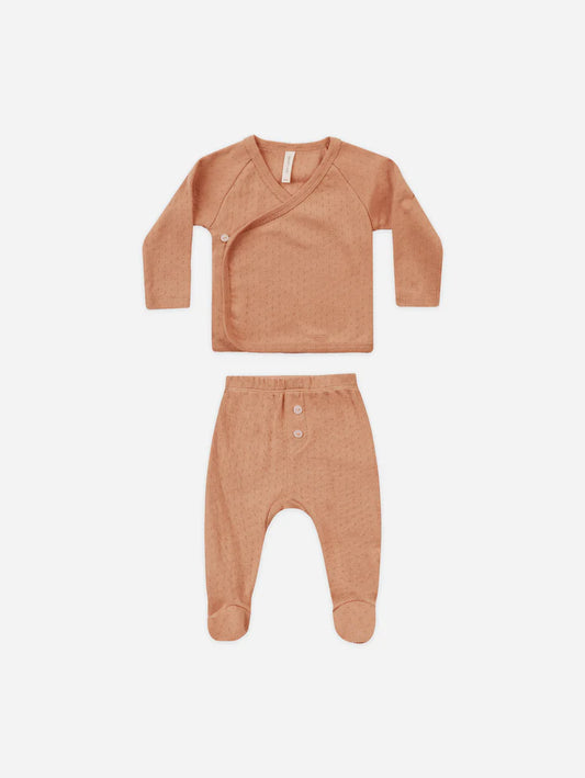 Melon Pointelle Wrap Top + Footed Pant Set