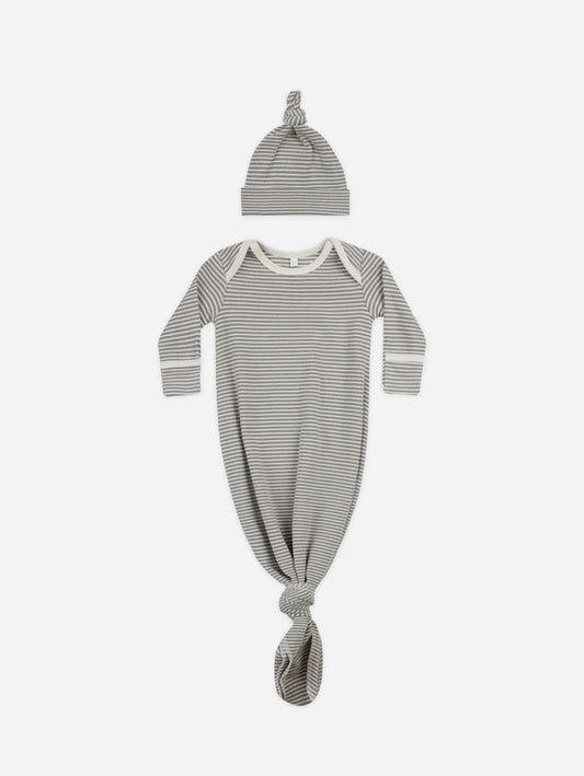 Lagoon Micro Stripe Knotted Baby Gown + Hat Set