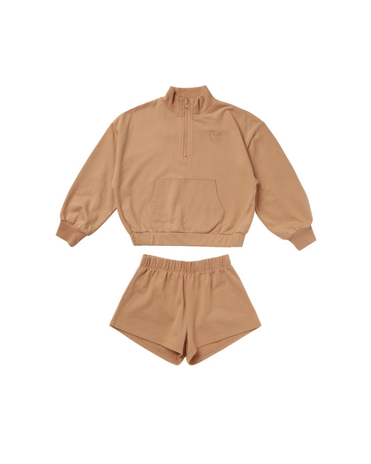 Rylee + Cru girls track suit in melon with an embroidered smiley face.