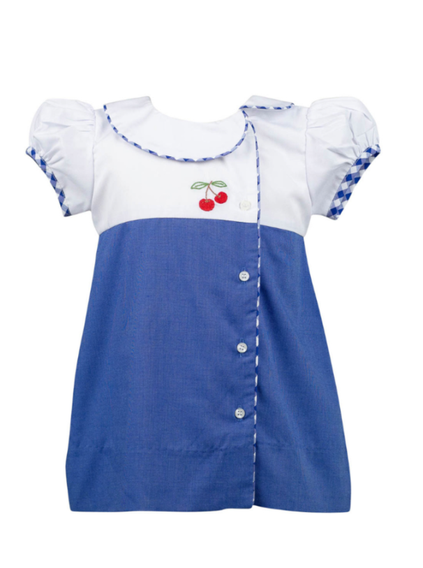 Cora-cherry-dress-white-top-with-blue-bottom-cherry embroidered-on-bodice-off-set-button-down-the-front