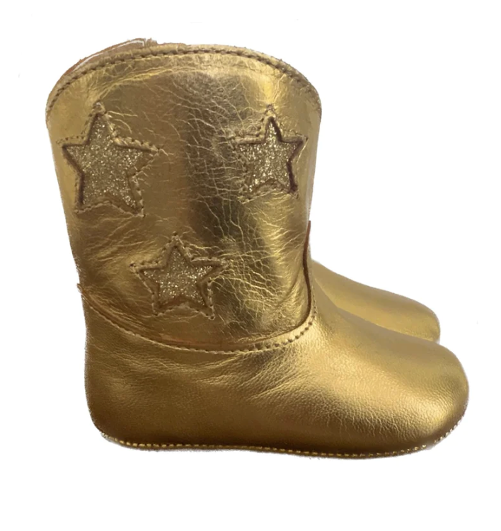 Gold baby boots with glitter stars. 