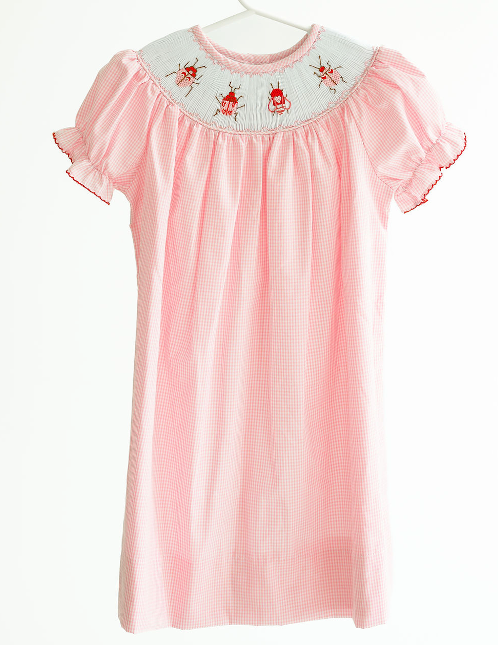 Girls pink gingham bishop love bug Valentines Day dress by Ruth and Ralph. 