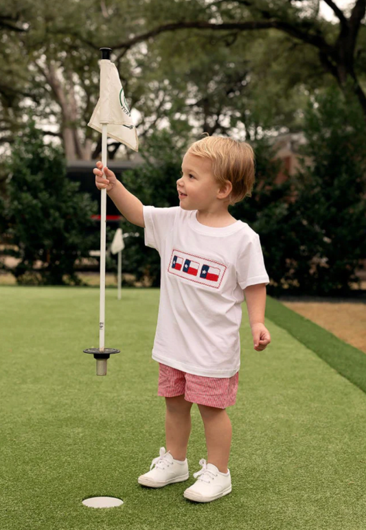 Boys short set with a smocked Texas flag t-shirt and gingham red shorts by Teeta. A perfect outfit for Go Texan Day or the Houston Rodeo.