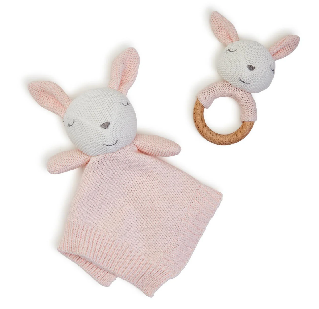 Knit Baby Bunny Snuggle and Rattle Set