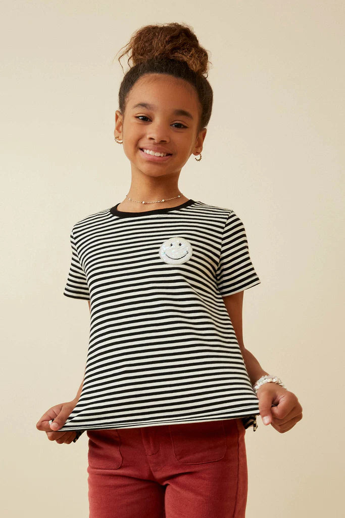 Sequin Smiley Patch Striped Knit Top
