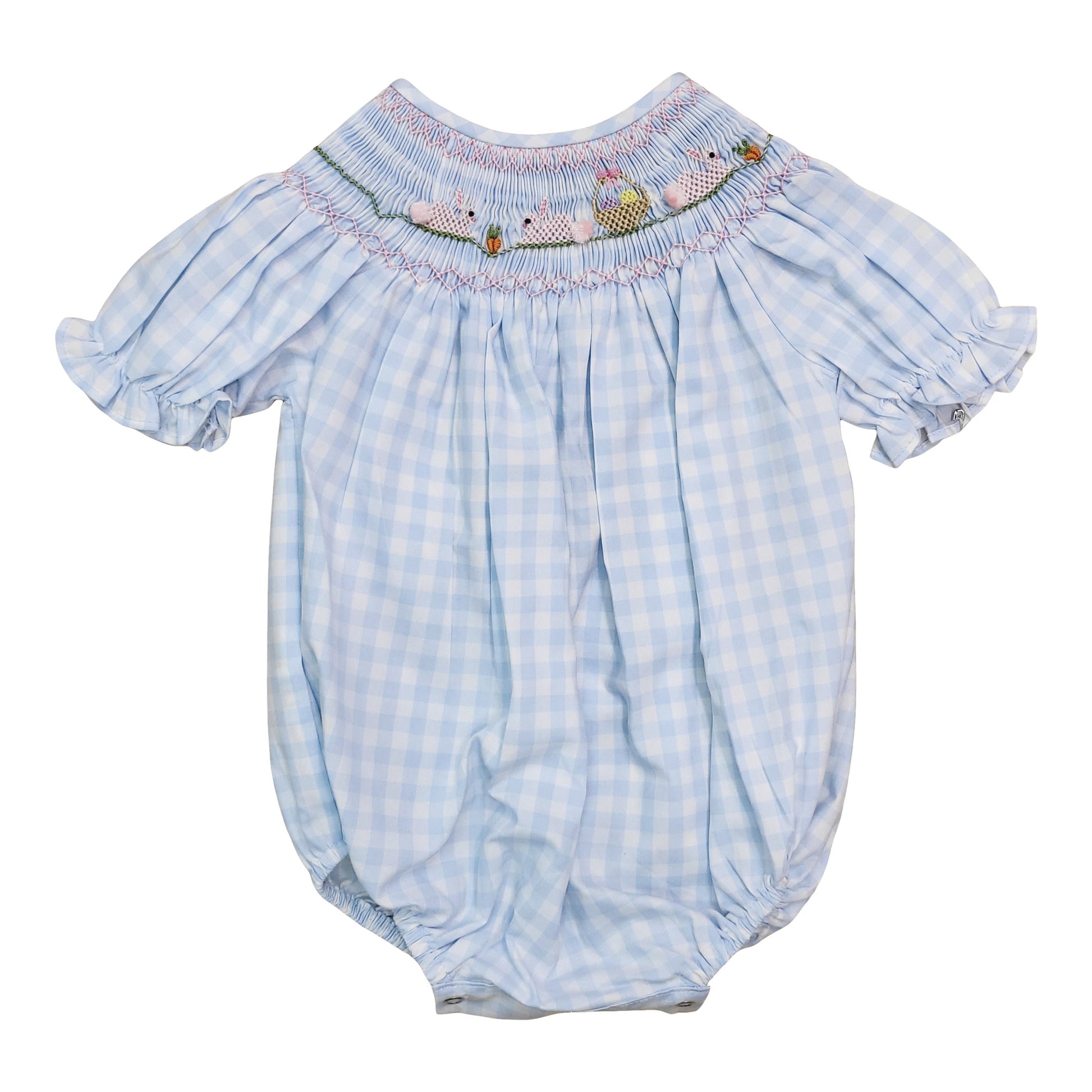 Smocked bishop girls bubble with a blue gingham print and smocked Easter bunny detail.