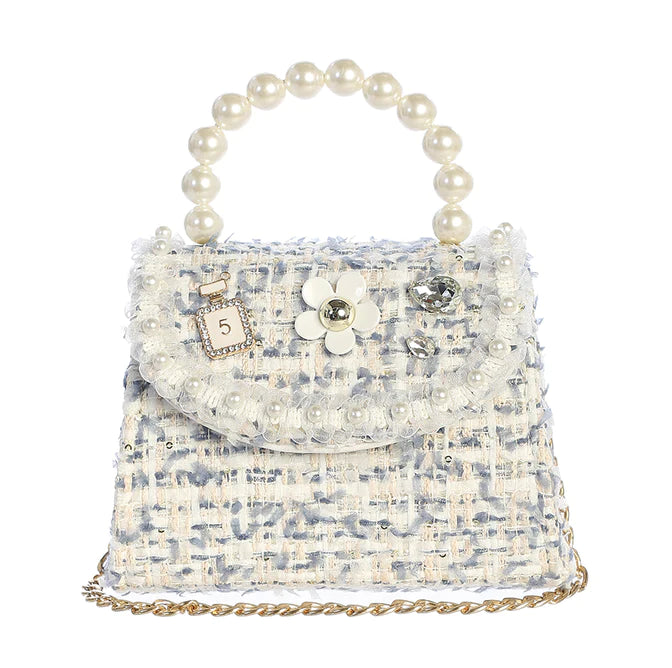 Blue Tweed Purse with Pearl Accents