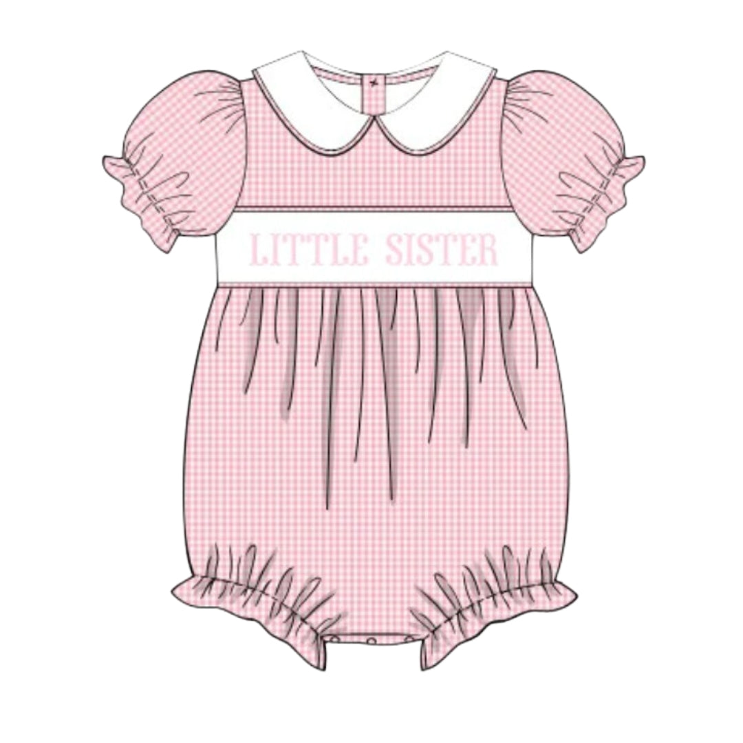 Little Sister smocked gingham pink girls bubble with gathered sleeves and a white scalloped collar. 