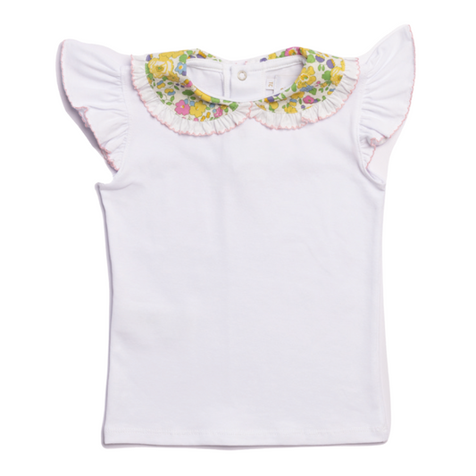 White girls polo with futter sleeve and yellow scalloped collar. 