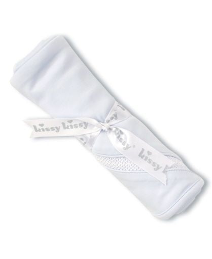 Light blue hand smocked boys blanket by Kissy Kissy. 