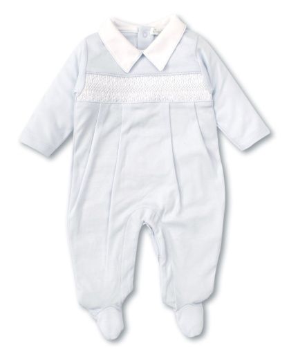 Blue hand smocked boys footie by Kissy Kissy. 