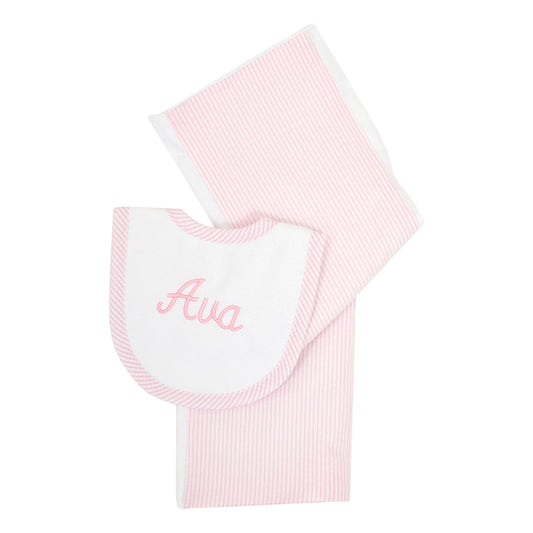 Pink Seersucker Stripe Bib & Burp Cloth Set