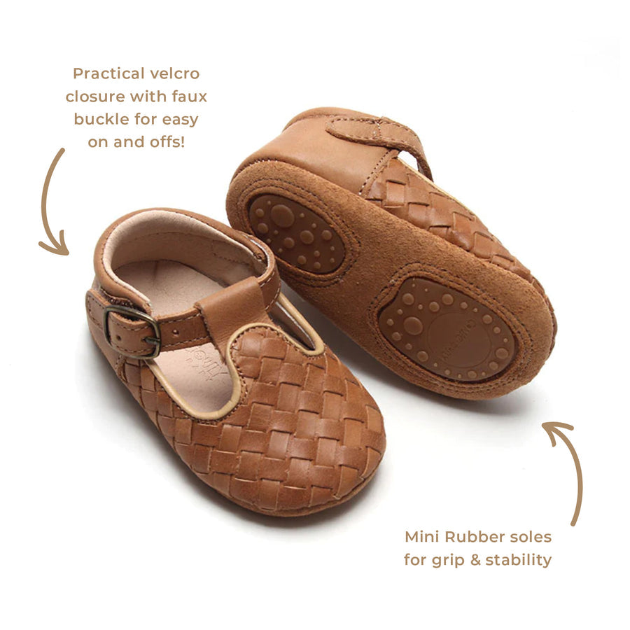 Soft Sole Walnut Leather Woven T-Bar