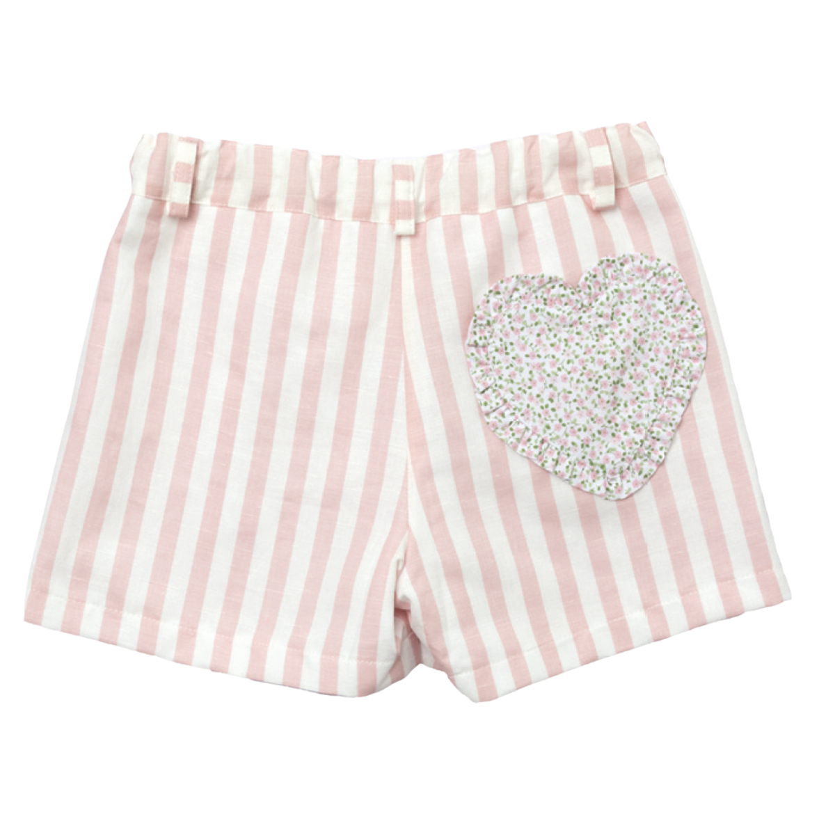 Pink and white striped shorts with floral heart pocket by Sal and PImenta. 