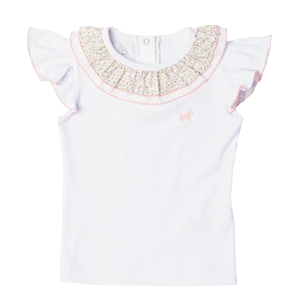 Girls white polo with ruffle sleeve and floral print ruffle collar by Sal and Pimenta. 