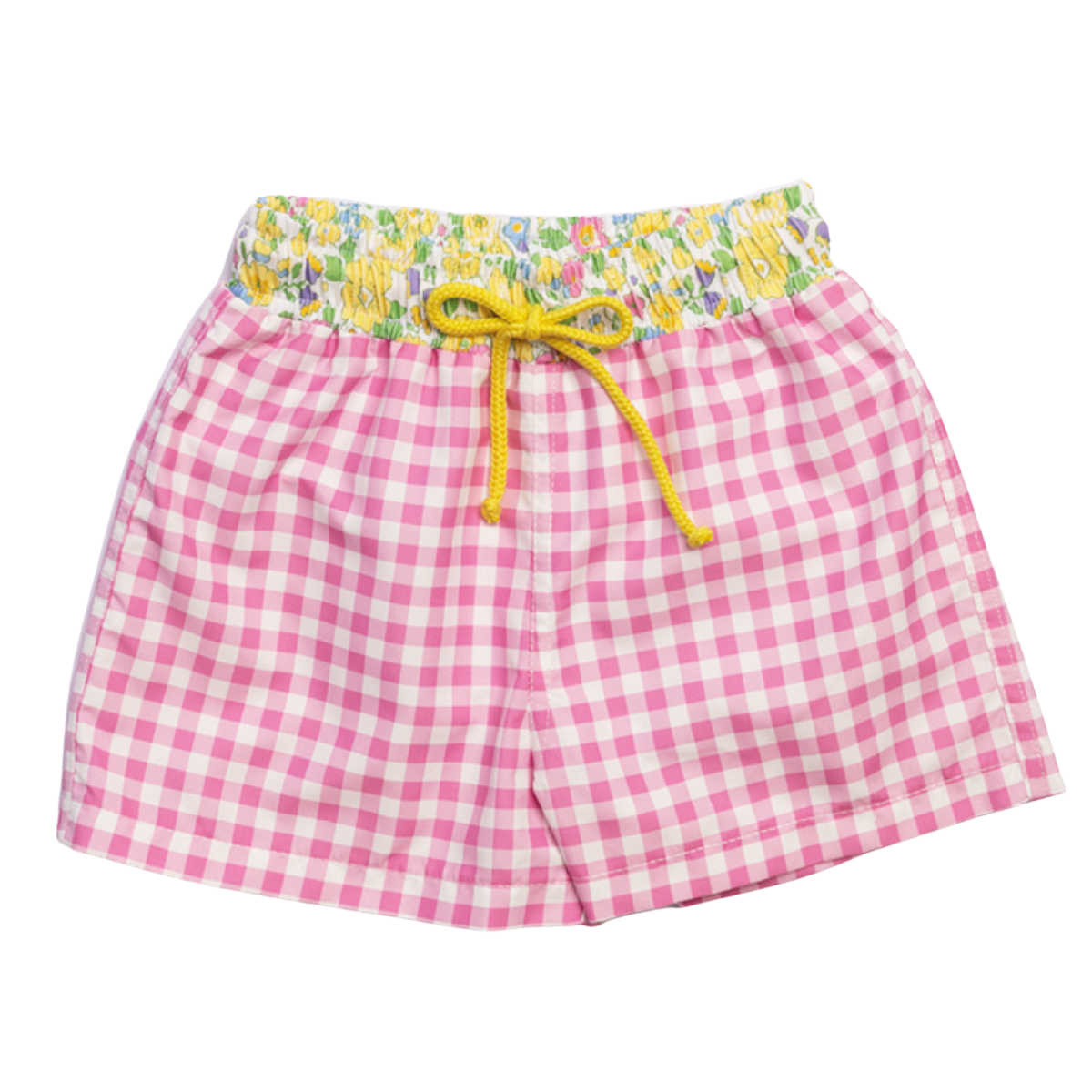 Pink gingham boys swim shorts with yellow floral waistband with yellow drawstring. 