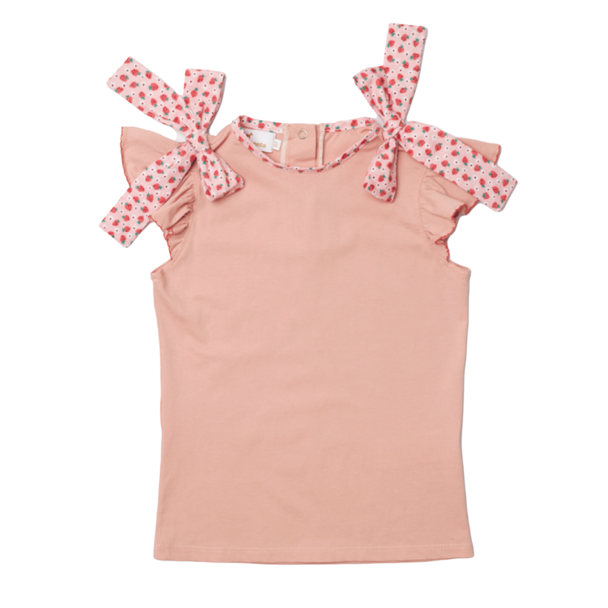 Blush pink top with strawberry ties on shoulder by Sal & Pimenta. 