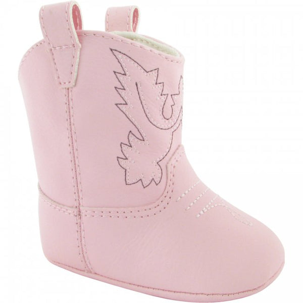 Pink girls crib cowboy boots with soft sole and velcro. 