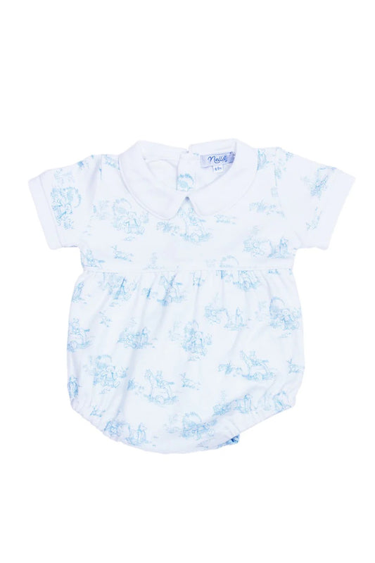 Blue Bear Toile Print Little Boys Bubble with Peter Pan Collar