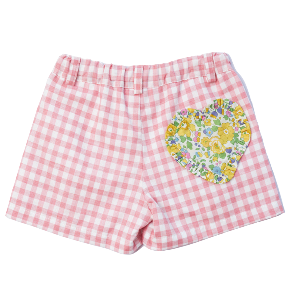 Pink gingham shorts with yellow floral heart pocket by Sal and Pimenta. 