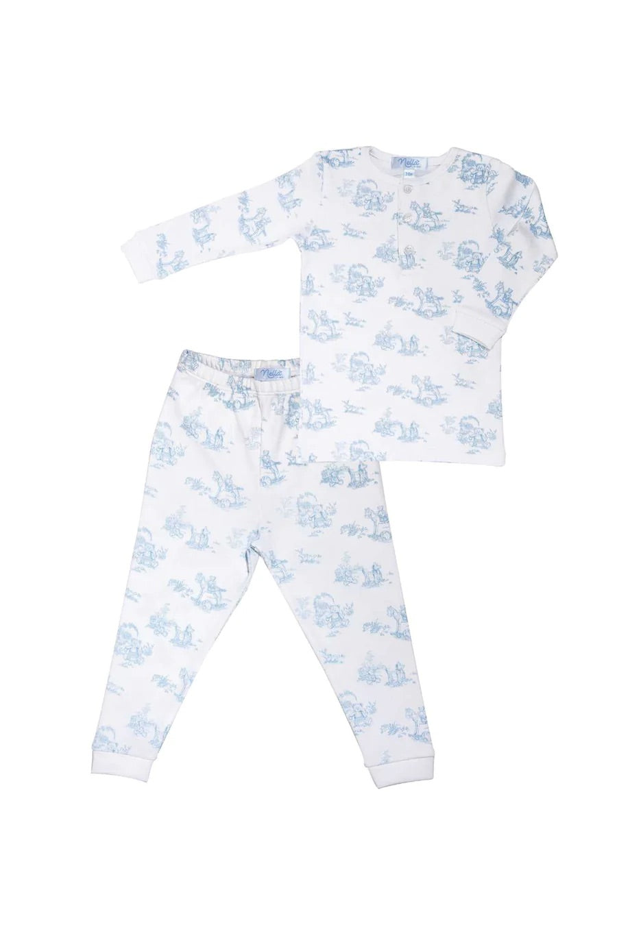 Blue bear toile print two piece pajama set by Nella Pima. 